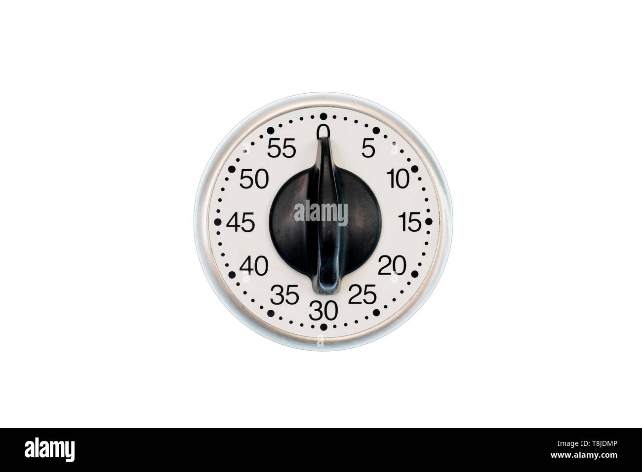 Inquadratura orizzontale di una cucina time set per 0 minuti. Centrato. Isolato su bianco. Copia dello spazio. Foto Stock