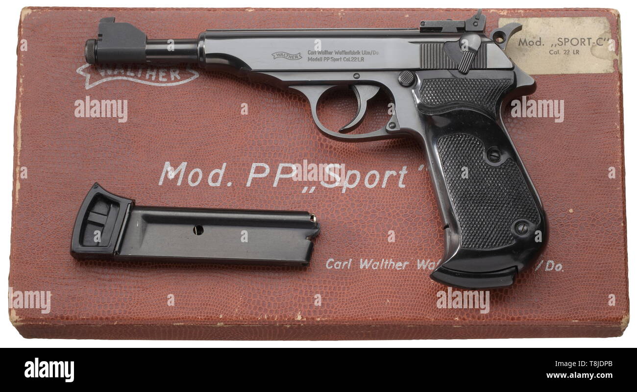 Piccole armi, pistole, Walther PP Sport pistola calibro, .22 lfB, con scatola e magazine, Additional-Rights-Clearance-Info-Not-Available Foto Stock