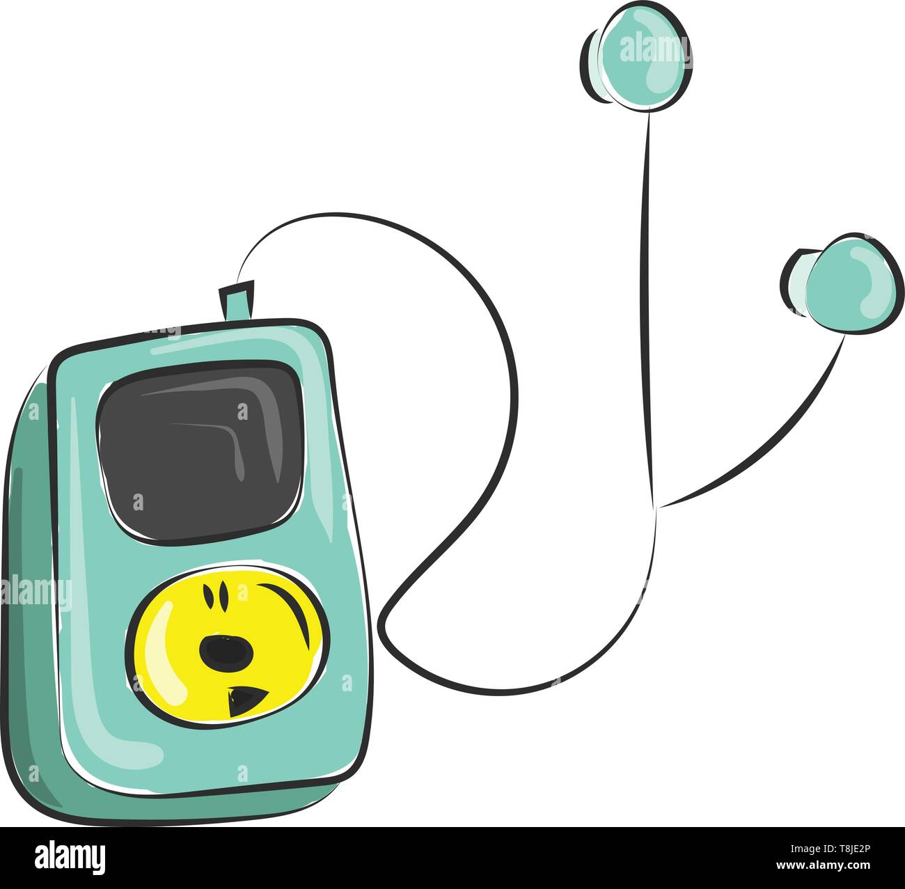 Blu lettore di musica con le cuffie con la manopola gialla e gli auricolari attaccati, il vettore, il colore di disegno o illustrazione. Illustrazione Vettoriale