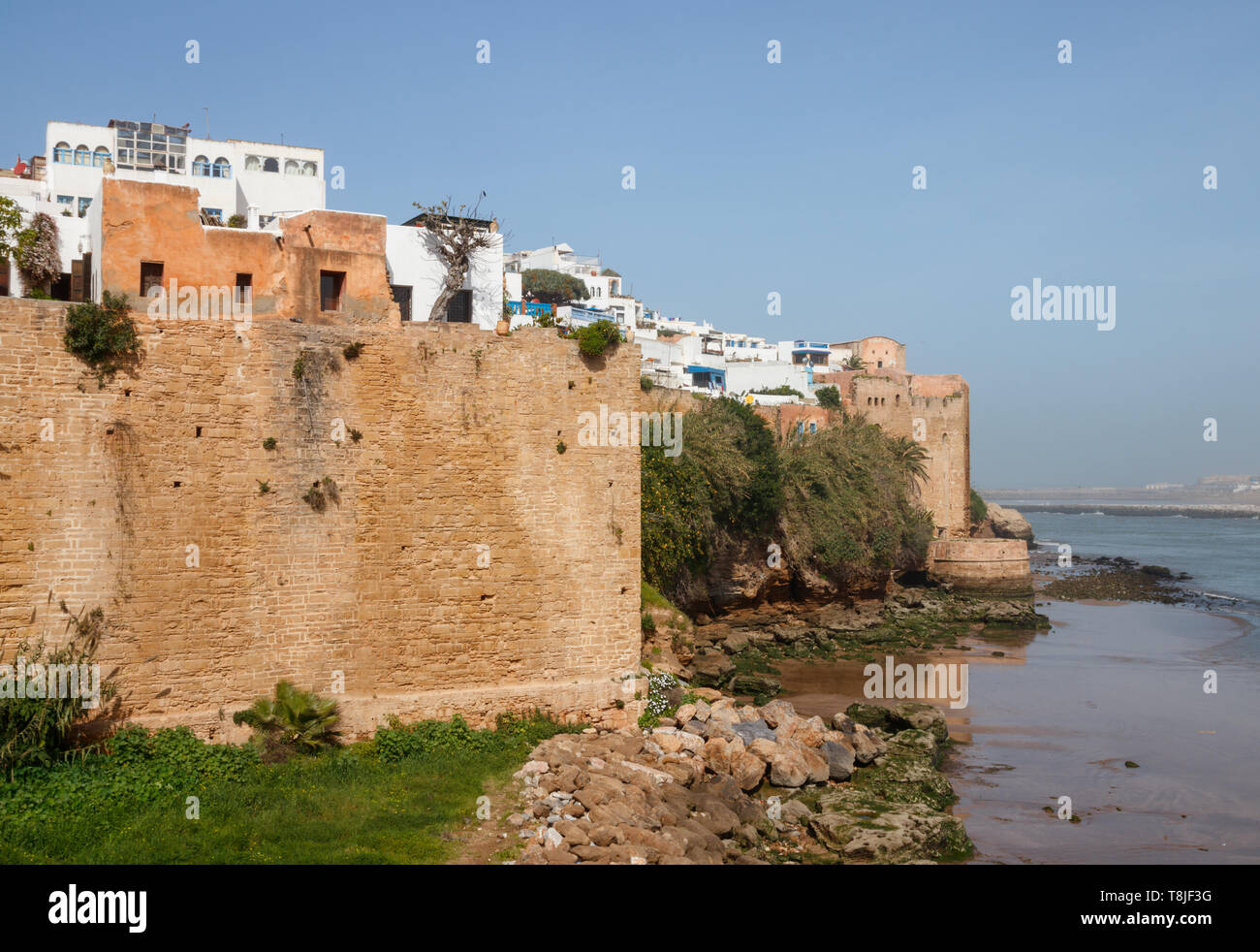 Pareti e case bianche della Kasbah di Udayas al Bou Regreg fiume in una giornata di sole. Rabat, Marocco Foto Stock