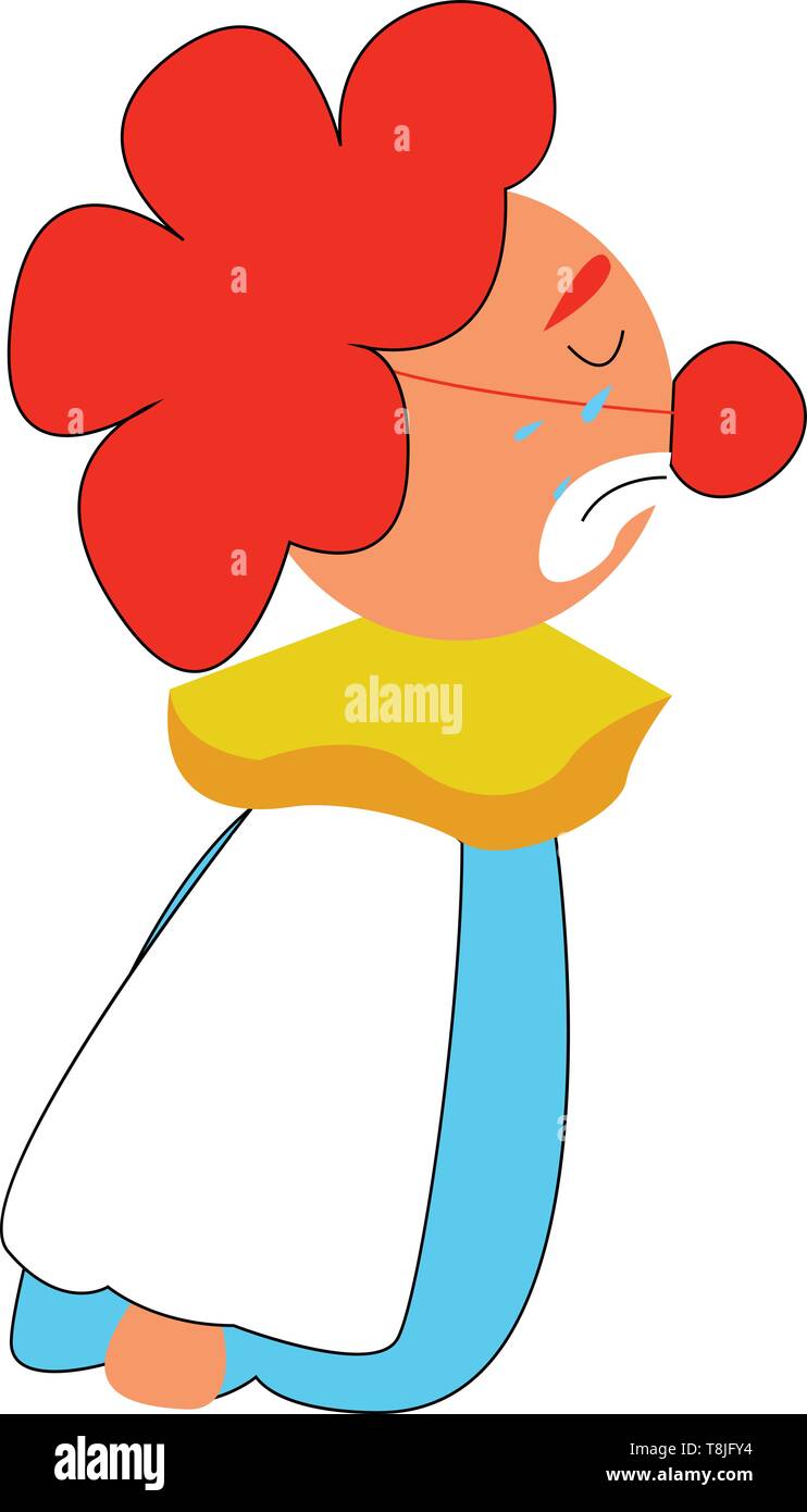 Un clown con il costume blu e arancione per i capelli e il volto triste e versando lacrime, il vettore, il colore di disegno o illustrazione. Illustrazione Vettoriale