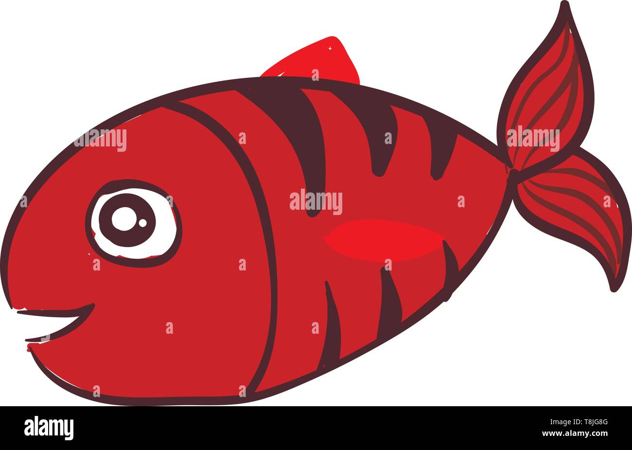 Scarlet pesce con strisce nere, occhi rotondi, piccola coda, piccole alette, il vettore, il colore di disegno o illustrazione. Illustrazione Vettoriale
