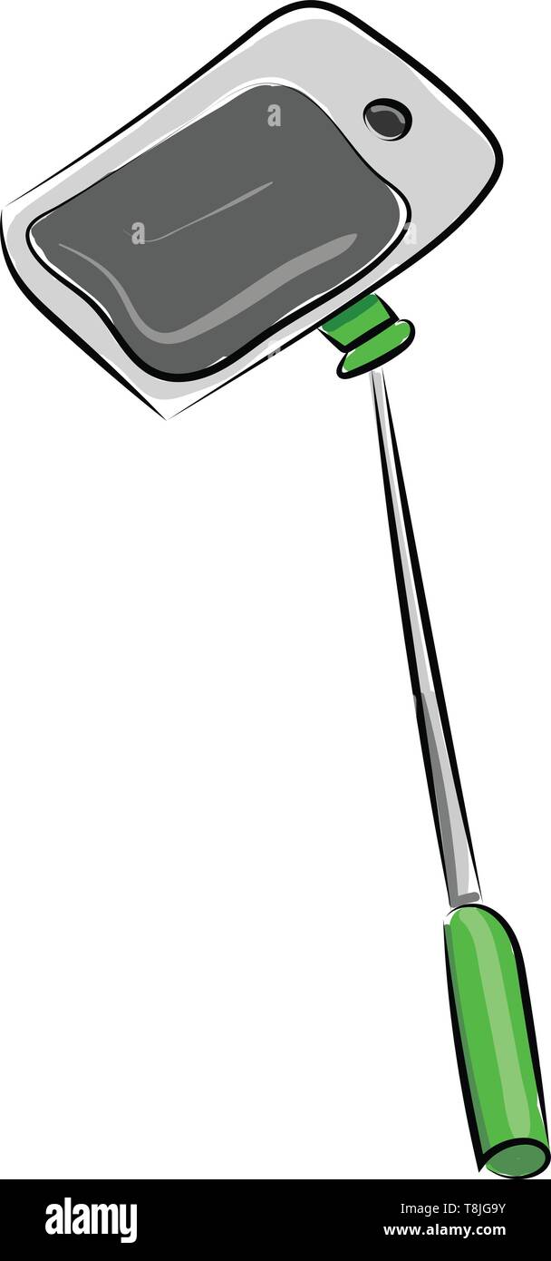 Un colore grigio selfie stick con una maniglia verde, il vettore, il colore di disegno o illustrazione. Illustrazione Vettoriale