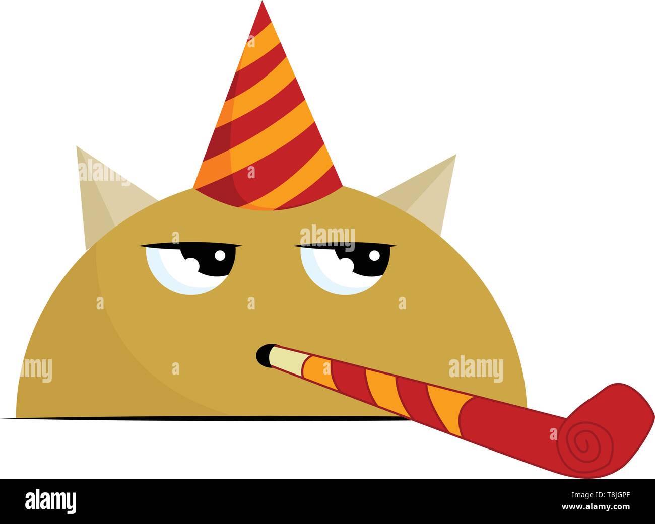 Un arrabbiato mostro di compleanno con una festa il cappello che è di colore rosso e strisce gialle, con avvisatore acustico, con una hornpipe che la tuta con il partito hat, arrabbiato occhi, vettore Illustrazione Vettoriale