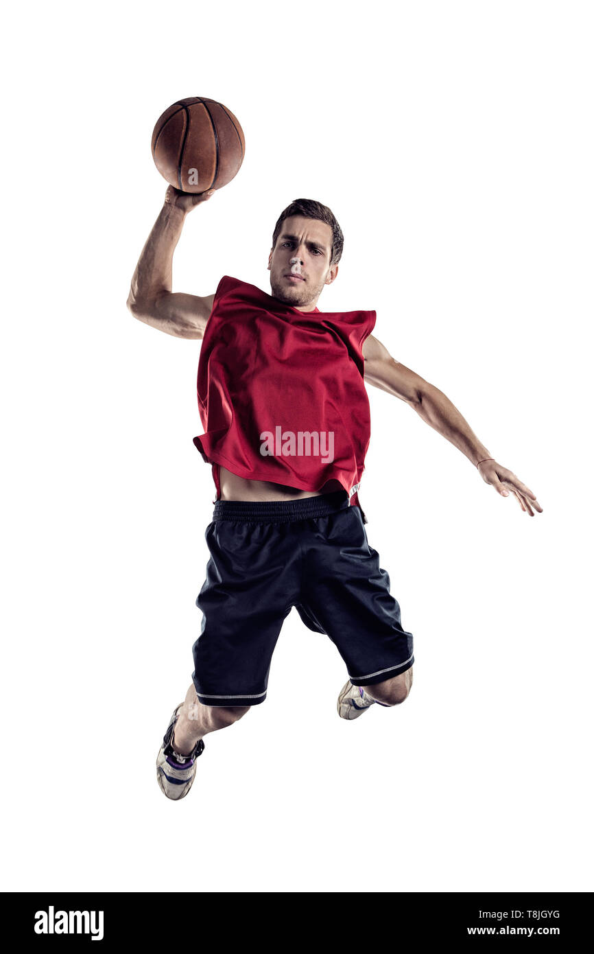 Giocatore di basket in azione isolata su sfondo bianco Foto Stock
