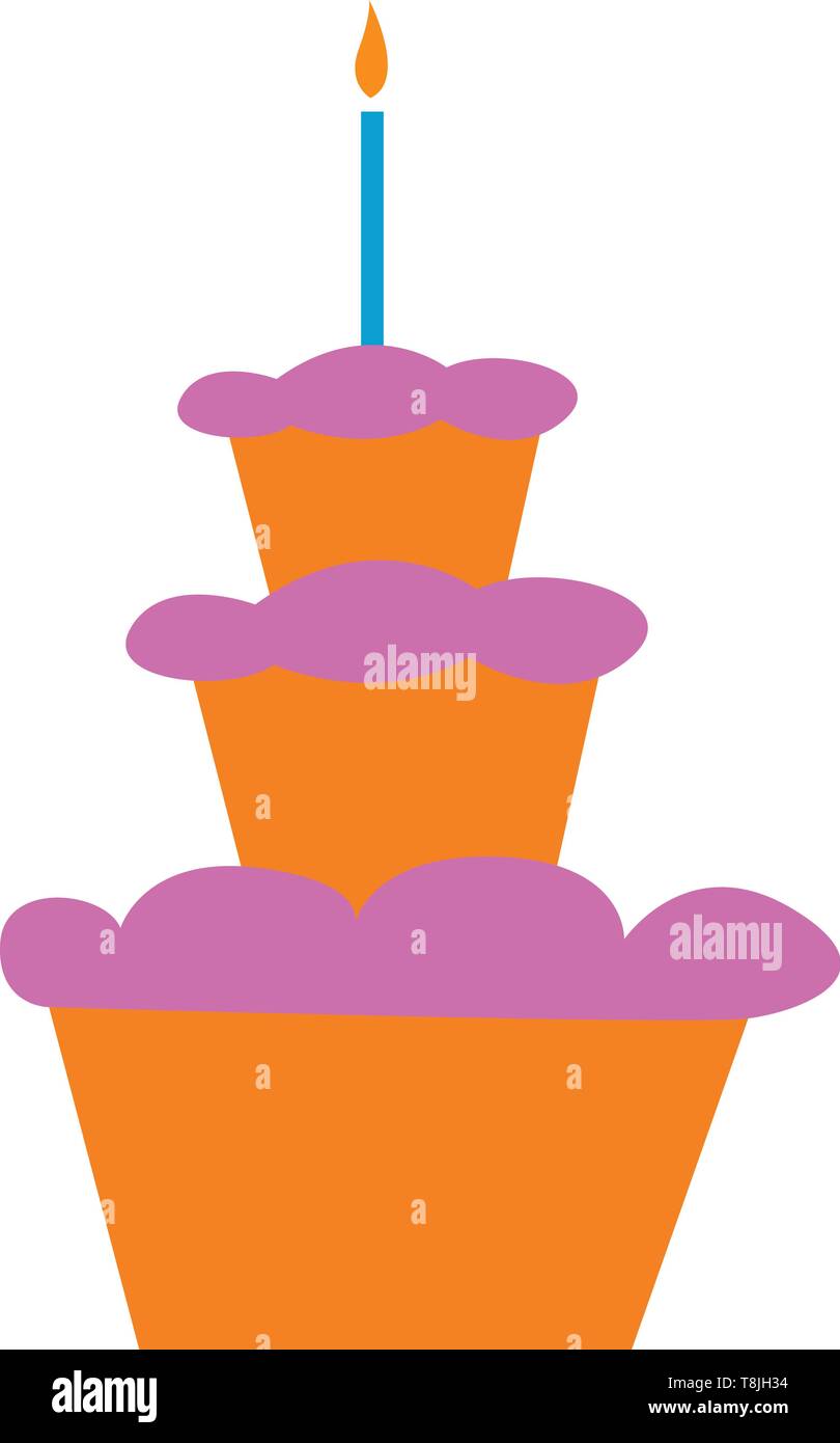 Una grande torta con tre strati, con una illuminata candela blu, rosa glassa, con spugna arancione, il vettore, il colore di disegno o illustrazione. Illustrazione Vettoriale