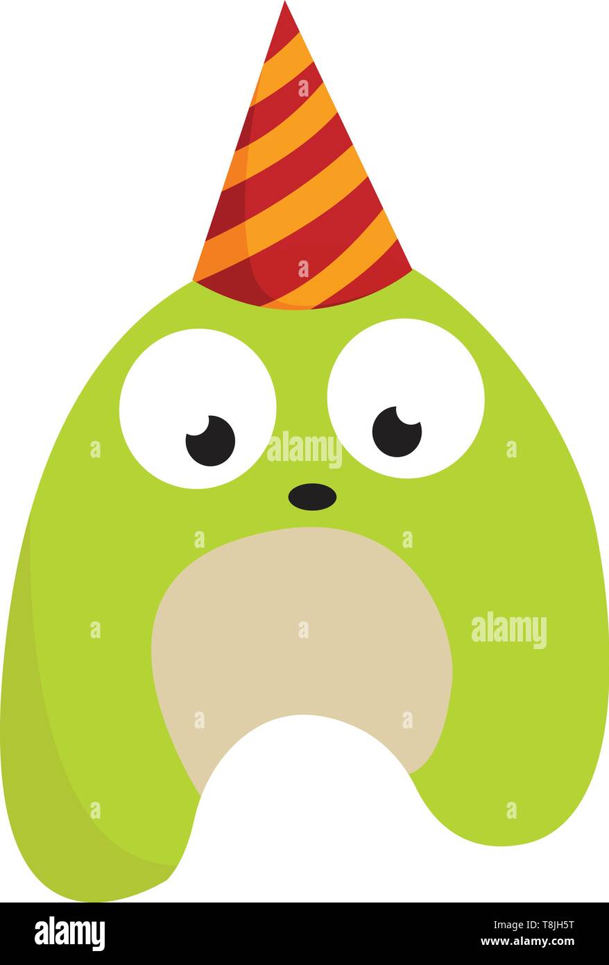 Un verde compleanno monster, con rosso-giallo strisce party hat, con grandi occhi e bocca, il vettore, il colore di disegno o illustrazione. Illustrazione Vettoriale