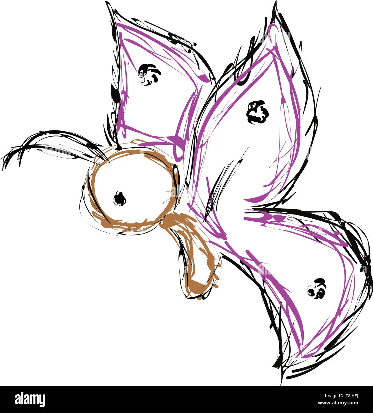 Un abbozzo di una farfalla sulla vista laterale con corpo marrone, ali viola e nero antenna., il vettore, il colore di disegno o illustrazione. Illustrazione Vettoriale