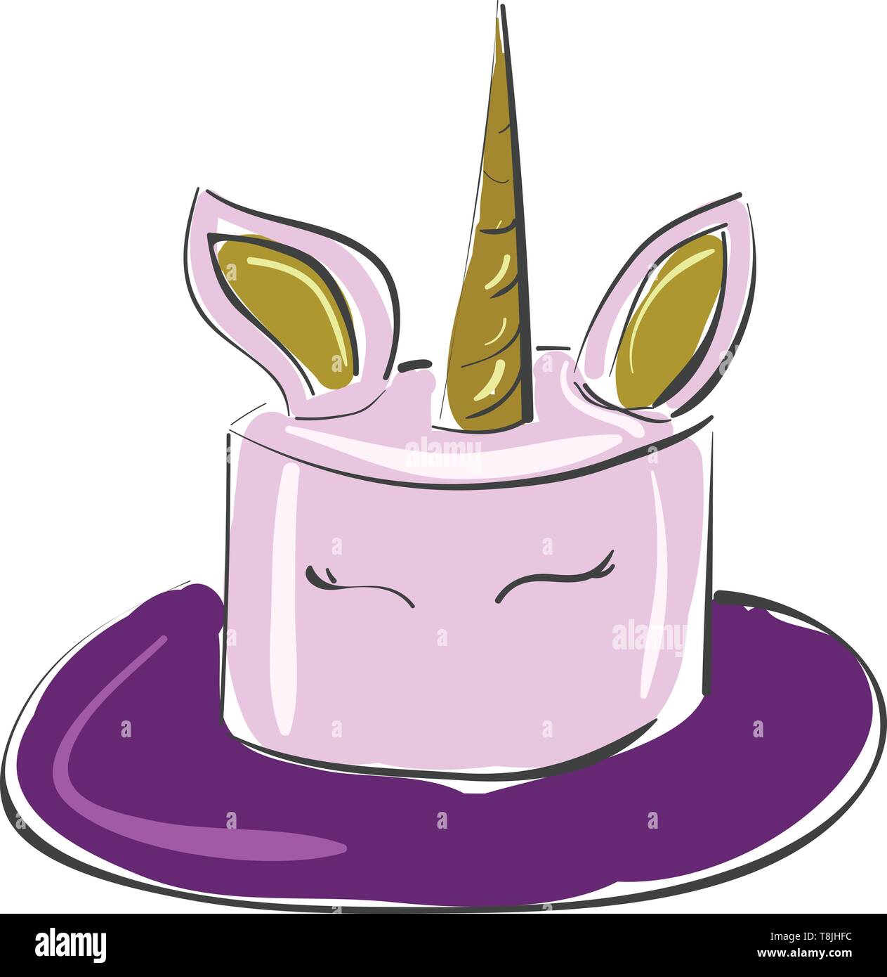 Un Disegno Di Un Viola Unicorn Torta Mostra Unicorn Orecchie E Avvisatore Acustico Sulla Parte Superiore E Un Viola Scuro Base Il Vettore Il Colore Di Disegno O Illustrazione Immagine E Vettoriale