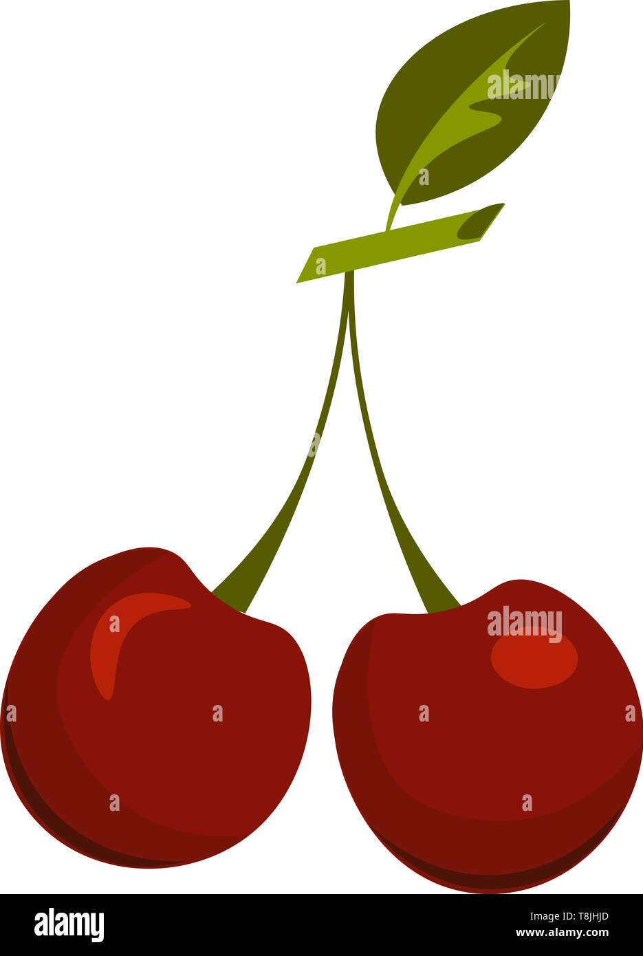 Due rosso ciliegia con una foglia, il vettore, il colore di disegno o illustrazione. Illustrazione Vettoriale
