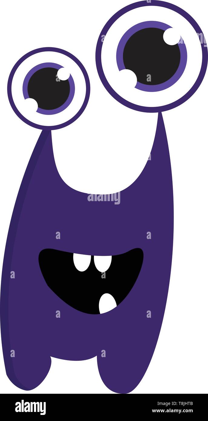 Un mostro viola con occhi grandi e tre denti., il vettore, il colore di disegno o illustrazione. Illustrazione Vettoriale