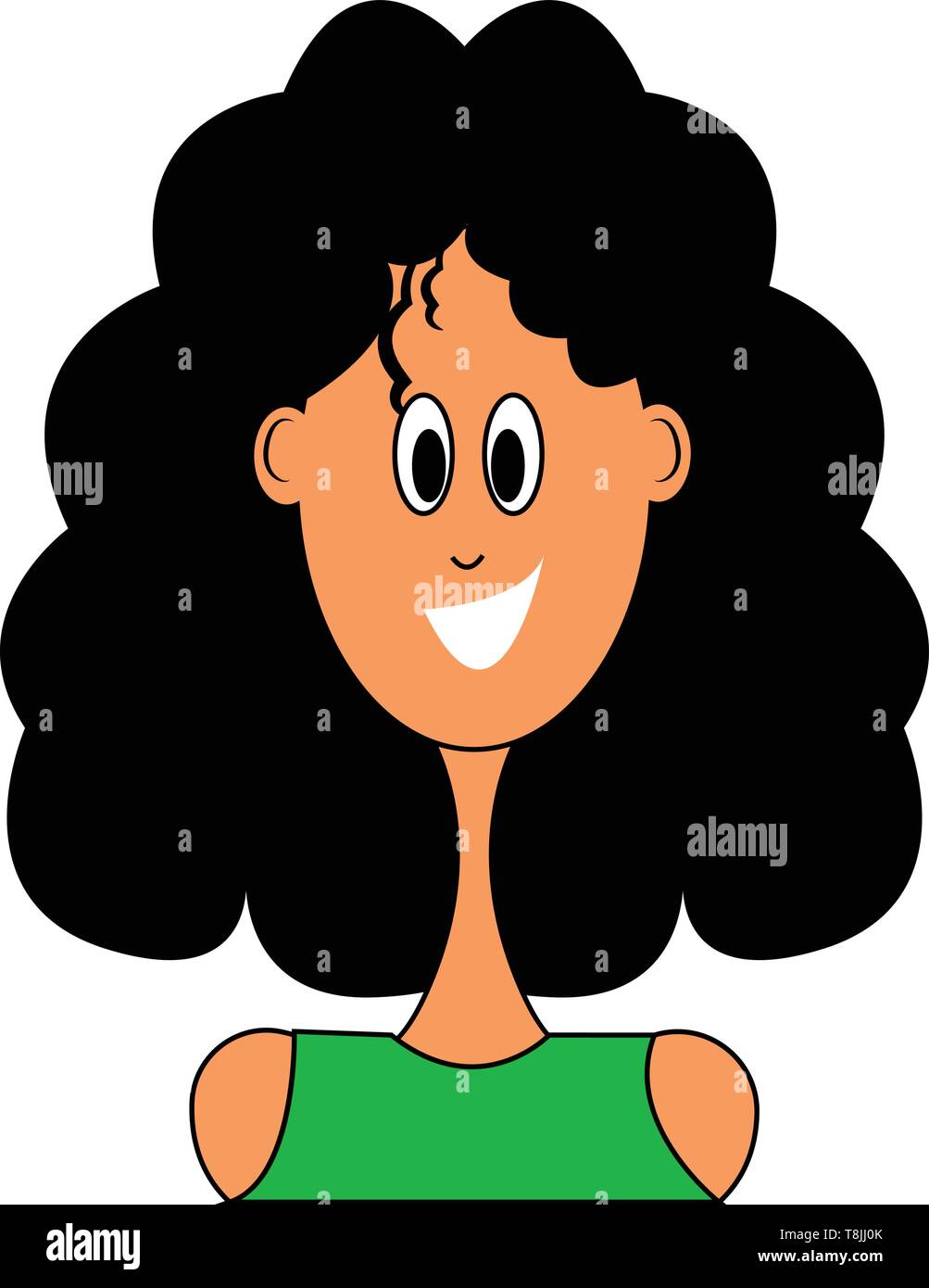 La ragazza in verde, con ricci capelli neri, gli occhi grandi e un grande sorriso, il vettore, il colore di disegno o illustrazione. Illustrazione Vettoriale