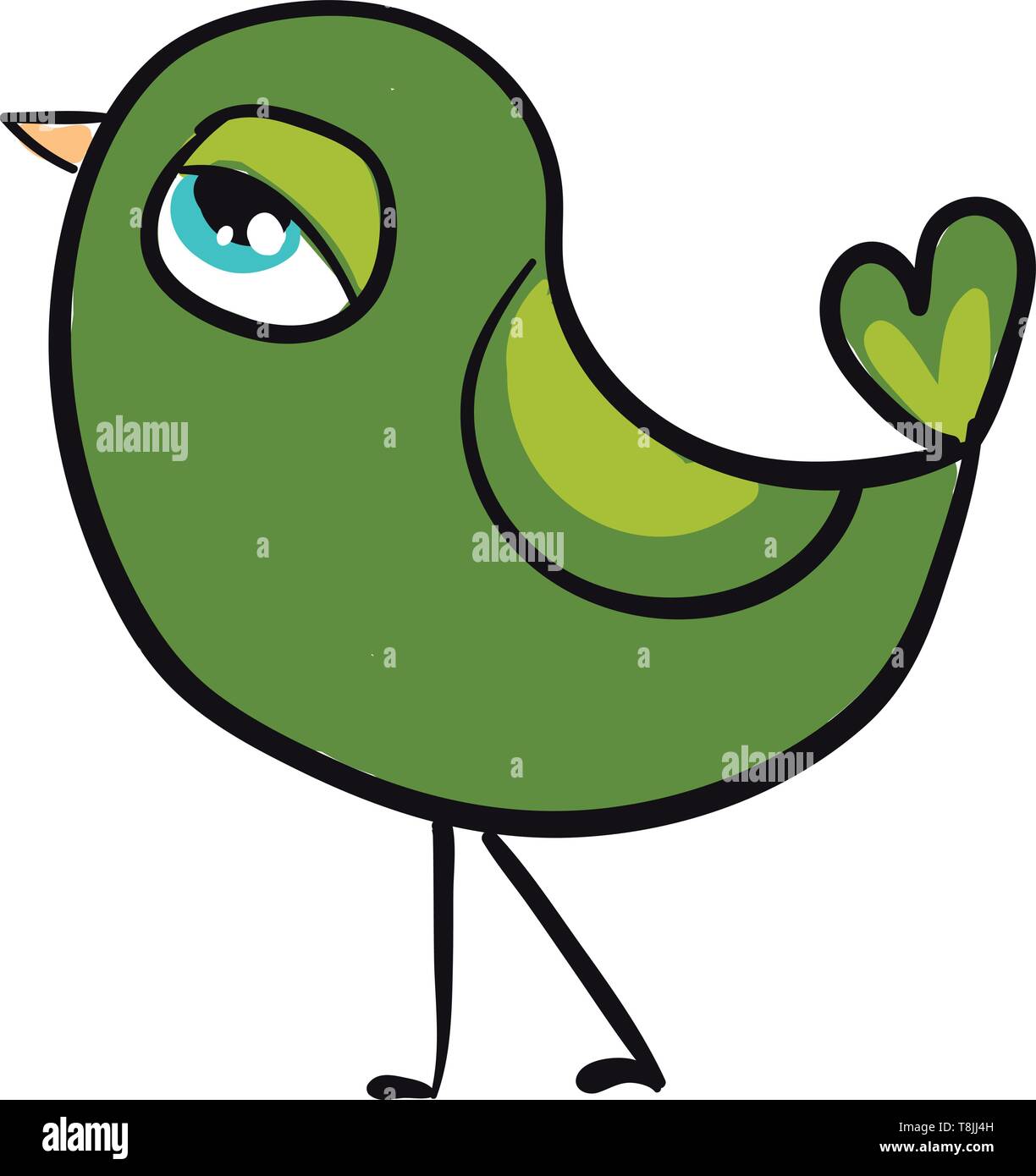 Un uccello verde con occhio grande, con becco giallo, verde con coda, vettore, il colore di disegno o illustrazione. Illustrazione Vettoriale
