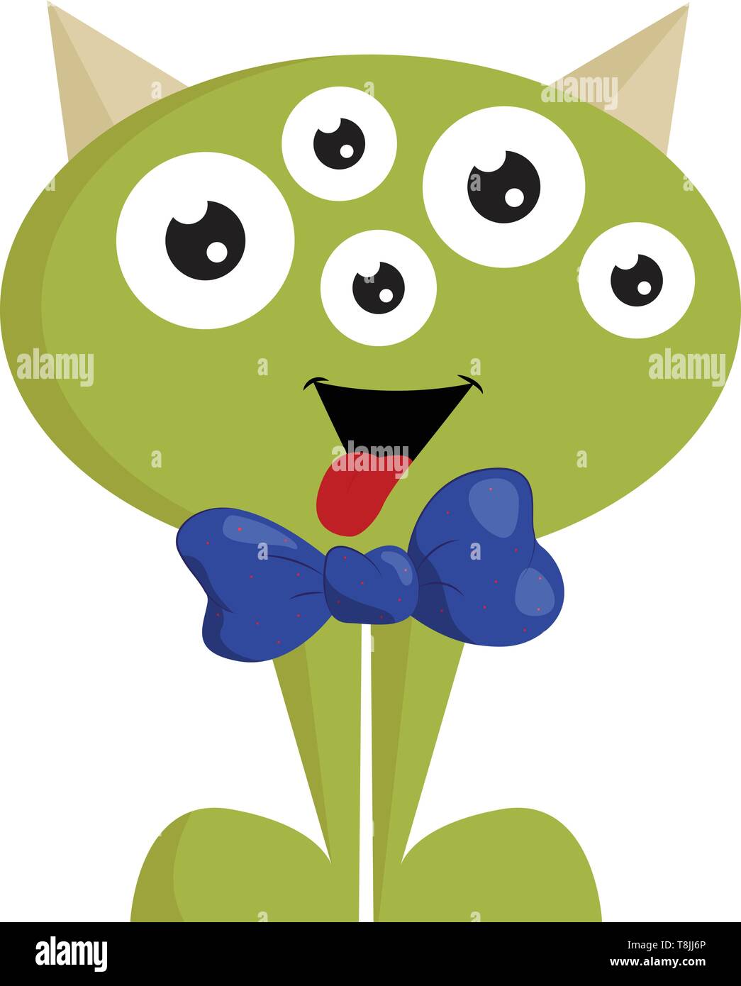 Green monster con prua blu, con un sacco di occhi, con lingua rossa, con due corna e due piedi, il vettore, il colore di disegno o illustrazione. Illustrazione Vettoriale