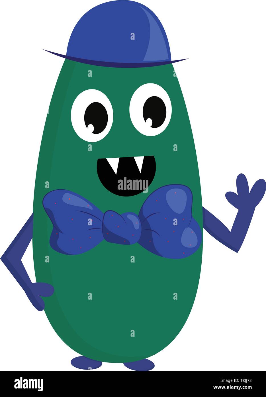 Un mostro verde con blue hat in blu di prua, con due denti, con grandi occhi, il vettore, il colore di disegno o illustrazione. Illustrazione Vettoriale