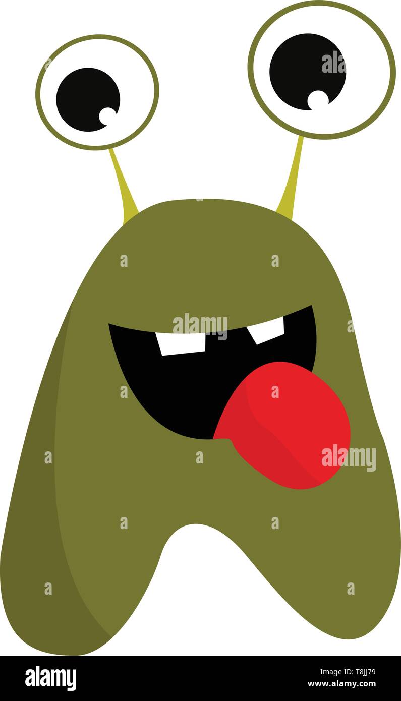Un mostro verde con lingua rossa, due denti, grandi occhi, il vettore, il colore di disegno o illustrazione. Illustrazione Vettoriale