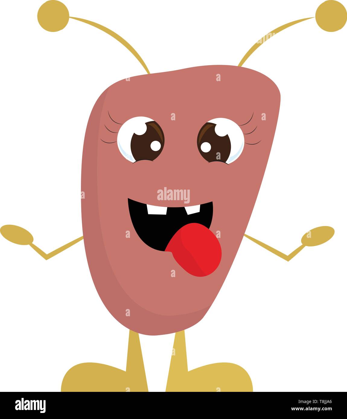 Testa di felice rosa monster, con grandi occhi, lingua rossa, due denti, braccia e piedi, con due antenne, il vettore, il colore di disegno o illustrazione. Illustrazione Vettoriale