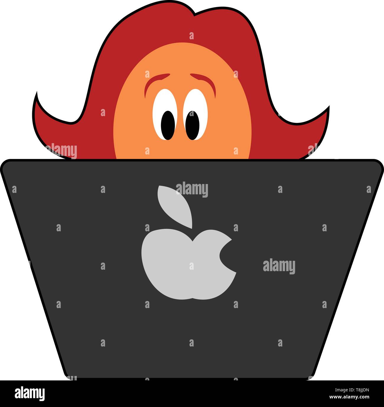 Una ragazza utilizzando un computer portatile nera con un logo Apple, il vettore, il colore di disegno o illustrazione. Illustrazione Vettoriale
