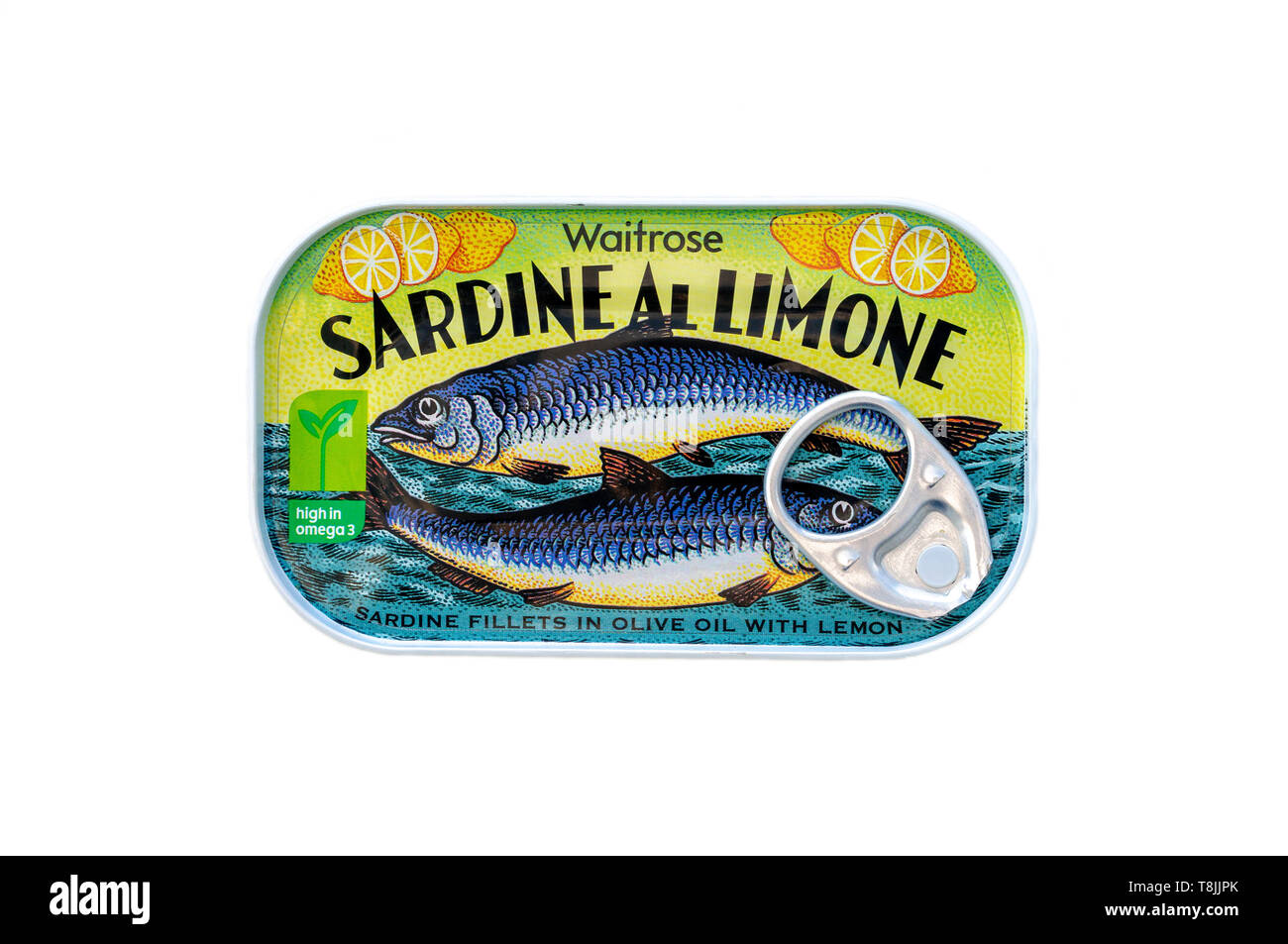 Non aperti di stagno Waitrose propria marca di sardine con il limone Foto Stock