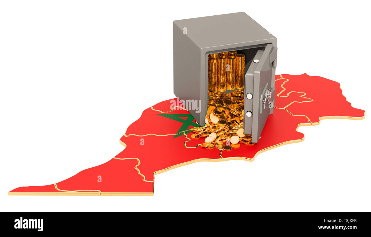 Cassetta di sicurezza con le monete d'Oro sulla mappa di Marocco, 3D rendering isolati su sfondo bianco Foto Stock