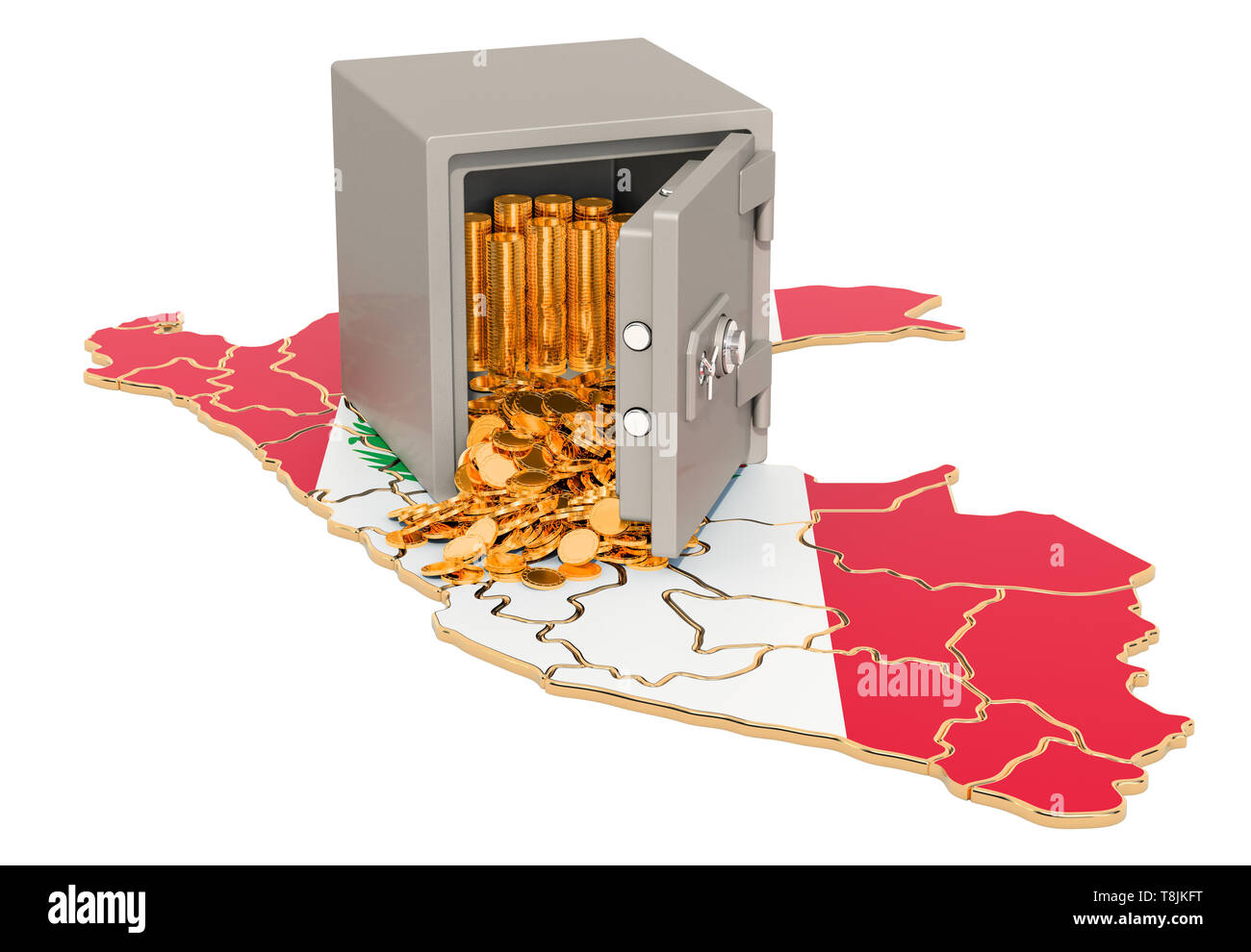 Cassetta di sicurezza con le monete d'oro sulla Mappa di Perù, 3D rendering isolati su sfondo bianco Foto Stock