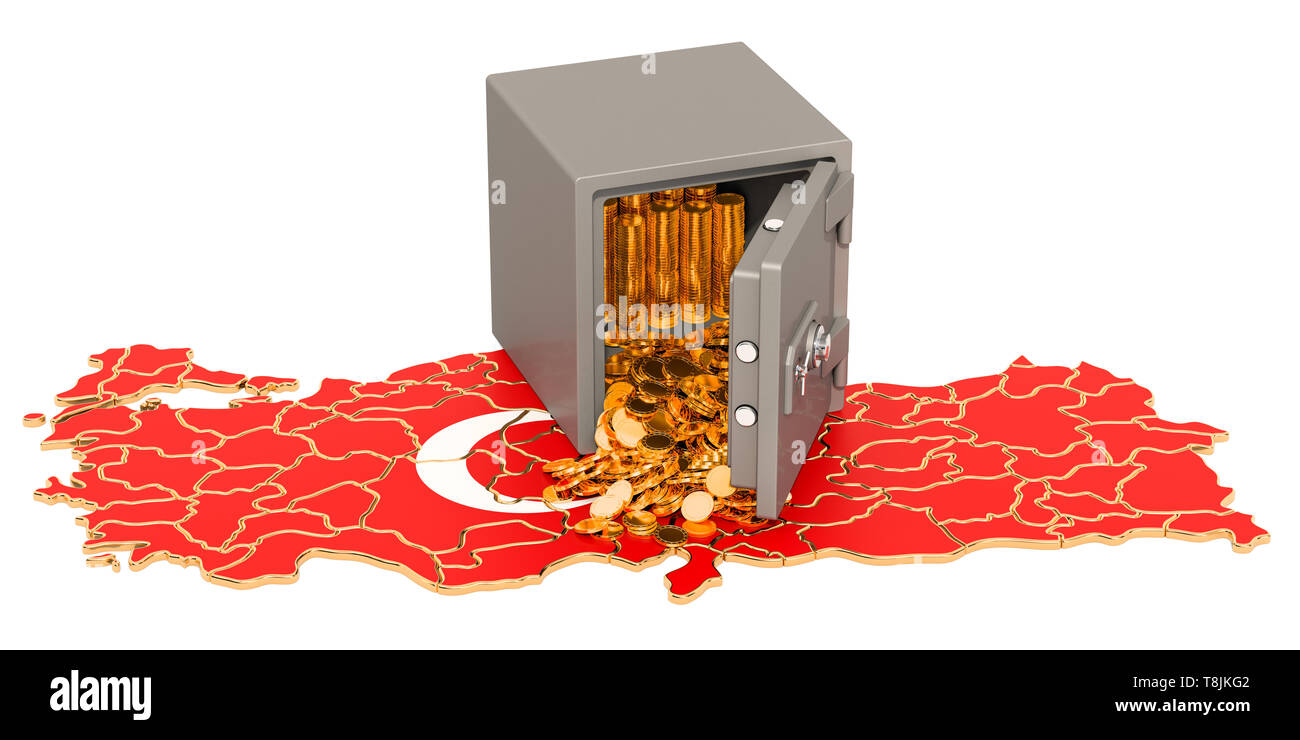 Cassetta di sicurezza con le monete d'Oro sulla mappa di Turchia, rendering 3D isolati su sfondo bianco Foto Stock