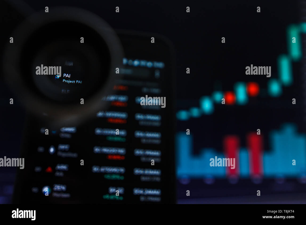 SAN FRANCISCO, STATI UNITI - 9 Maggio 2019: un grafico di tendenza in aumento del progetto di pai pai Cryptocurrency. L'illustrazione delle candele verde bar di tendenza di sollevamento, Sa Foto Stock