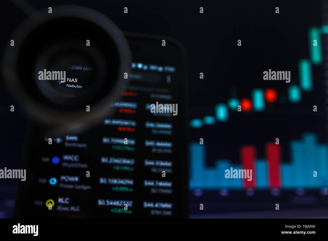 SAN FRANCISCO, STATI UNITI - 9 Maggio 2019: un grafico di tendenza crescente del NAS Nebulas Cryptocurrency. L'illustrazione delle candele verde bar di tendenza di sollevamento, San Foto Stock