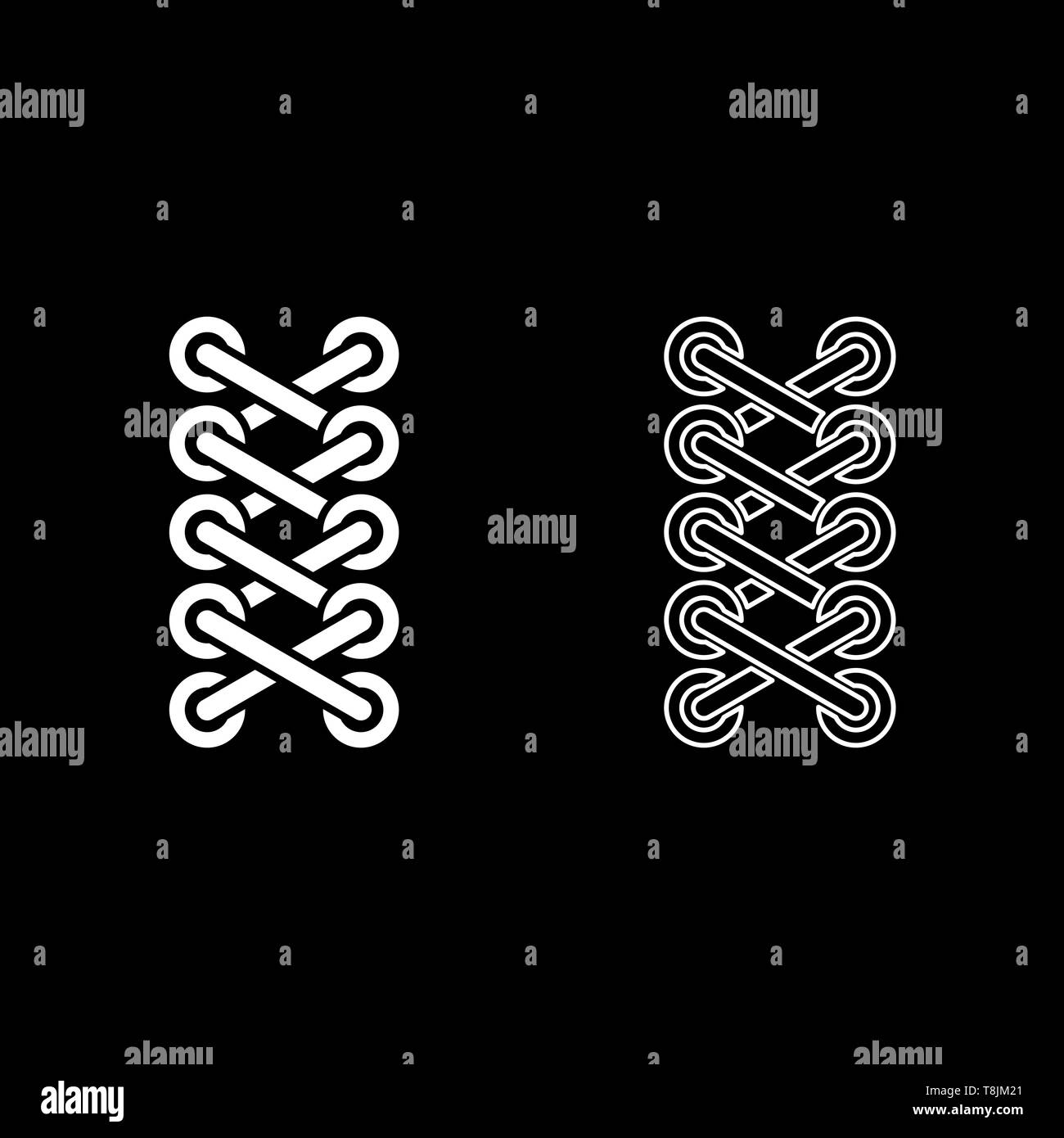 Stringa di sneaker scarpe lacci delle scarpe di legatura a corda di fissaggio maglia schemi di concetto di legatura di lacci delle scarpe laccio icona set di contorno bianco vettore di colore