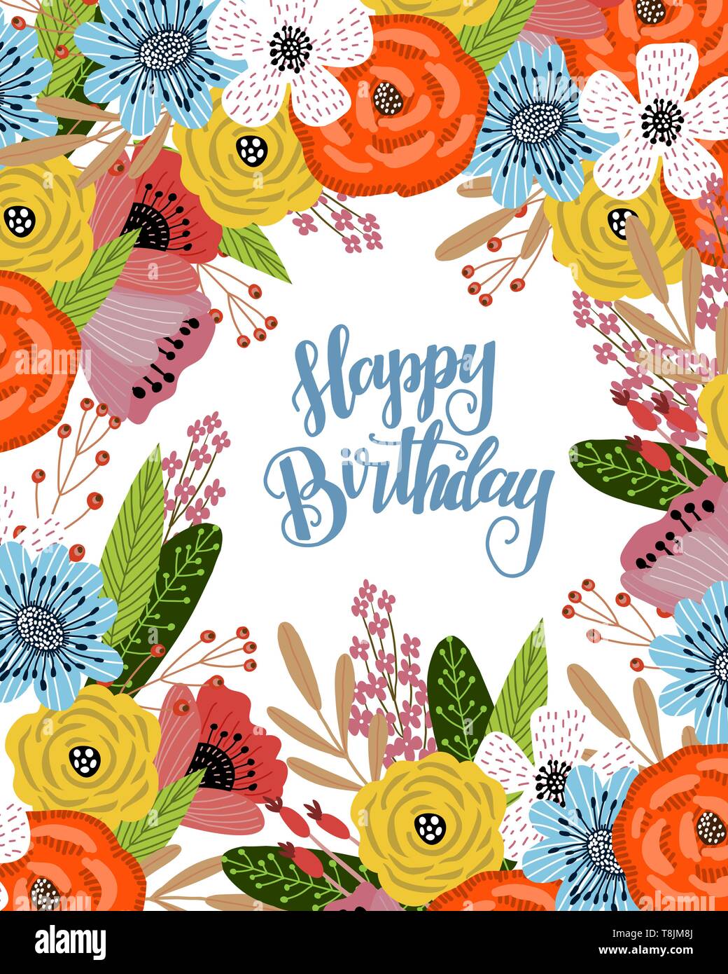 Biglietto di auguri di compleanno con simpatico disegno a mano luminoso bouquet di fiori, vettore Illustrazione Vettoriale
