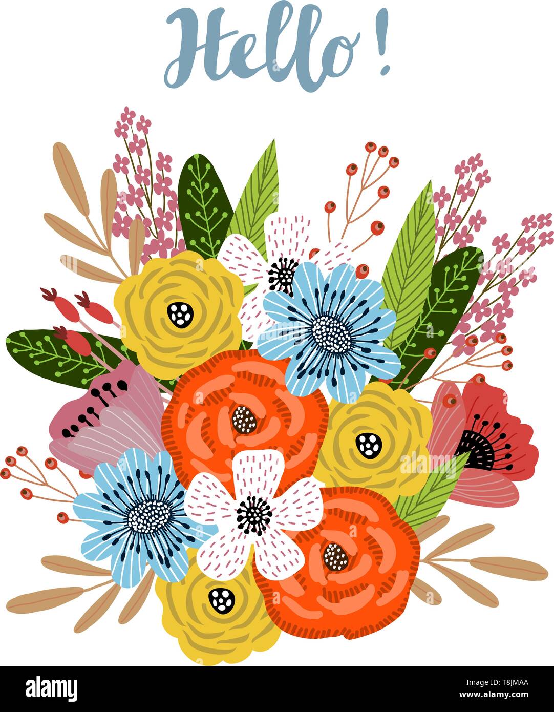 Cartolina verticale modello con simpatico disegno a mano luminoso bouquet di fiori su fondo bianco, vettore Illustrazione Vettoriale