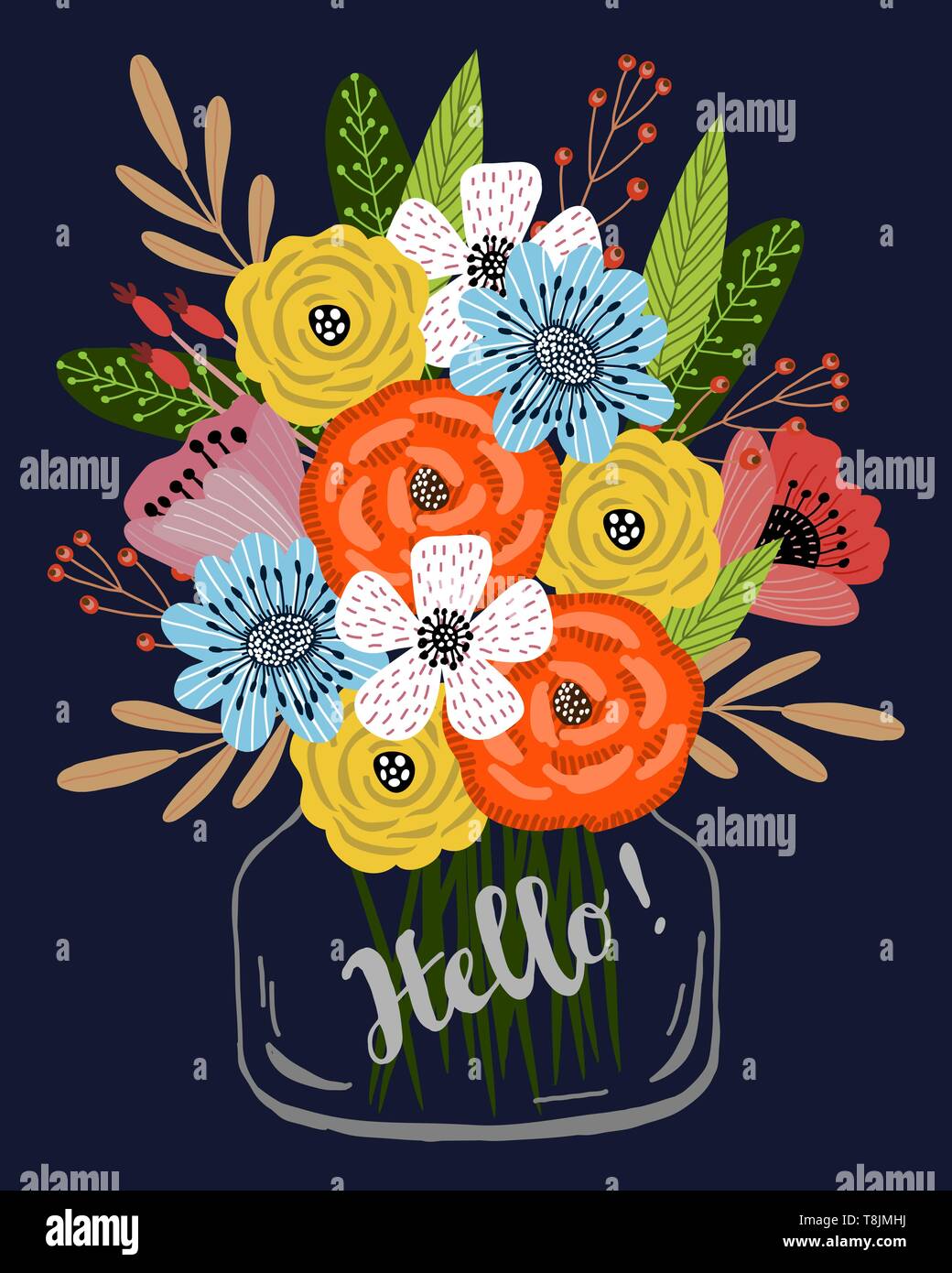 Cartolina verticale modello con simpatico disegno a mano luminoso bouquet di fiori in un vaso di vetro su uno sfondo blu scuro, vettore Illustrazione Vettoriale