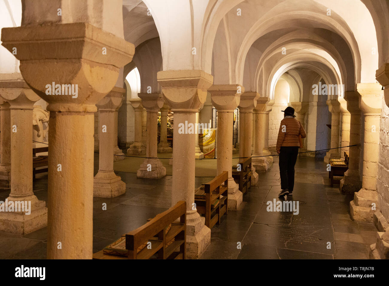 Cattedrale di Worcester cripta - un visitatore il risveglio all' interno dell' XI secolo cripta normanna, cattedrale di Worcester, Worcestershire Inghilterra REGNO UNITO Foto Stock