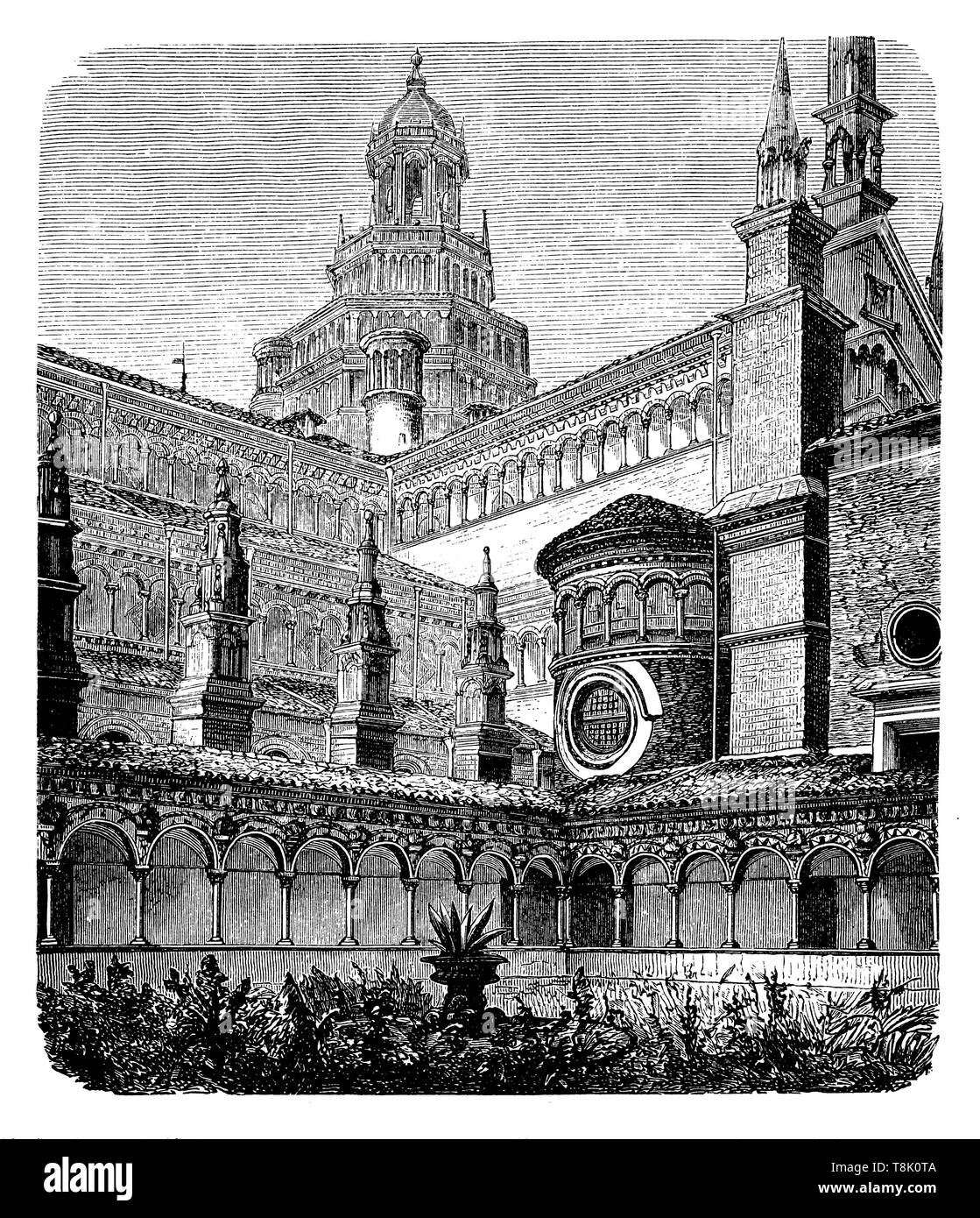 Certosa di Pavia vicino: vista interna, piccolo chiostro e chiesa nel monastero, , (storia dell'arte libro, 1887) Foto Stock
