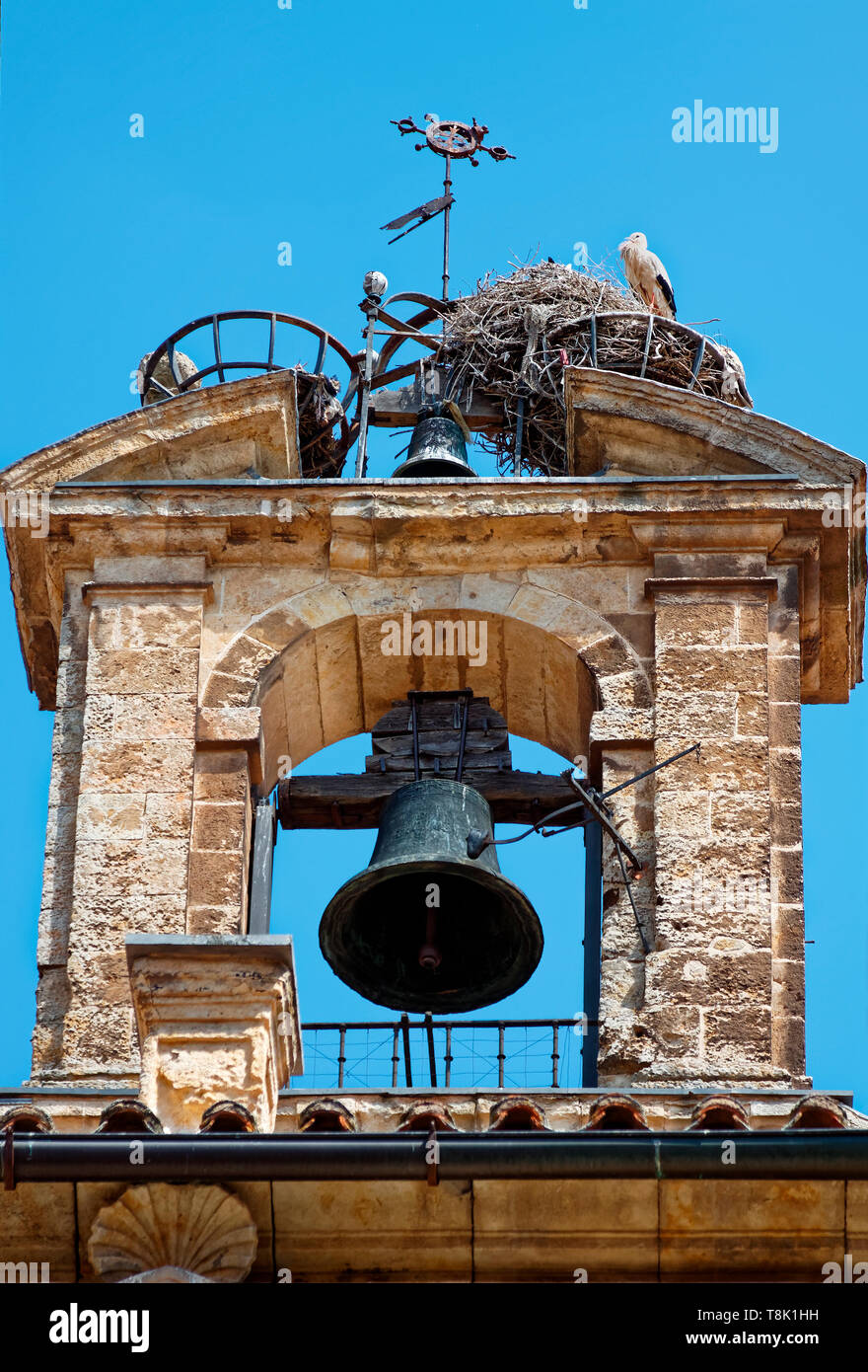 Campane, antica torre in pietra; 2 uccelli' nidi, fauna selvatica, weathervane, sito UNESCO; Europa; Salamanca; Spagna; la molla, verticale Foto Stock