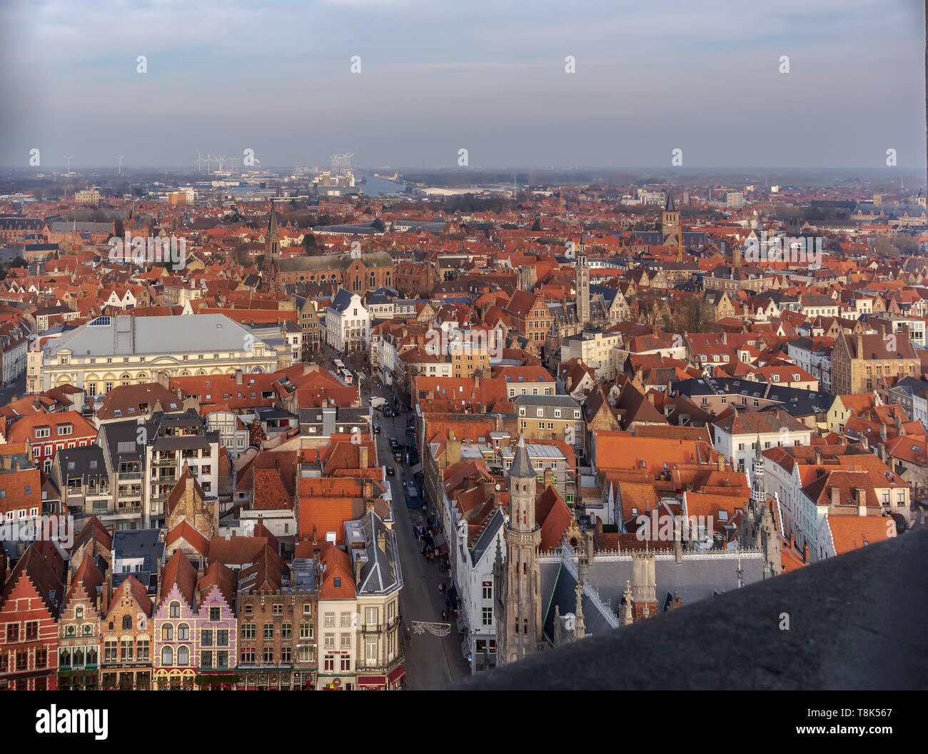 Bruges fantastico skyline della città con tetti di tegole rosse e numerose chiese' torri nella soleggiata giornata invernale. Vista di Bruges paesaggio urbano medievale dalla parte superiore Foto Stock Bruges fantastico skyline della città con tetti di tegole rosse e numerose chiese' torri nella soleggiata giornata invernale. Vista di Bruges paesaggio urbano medievale dalla parte superiore Foto Stock