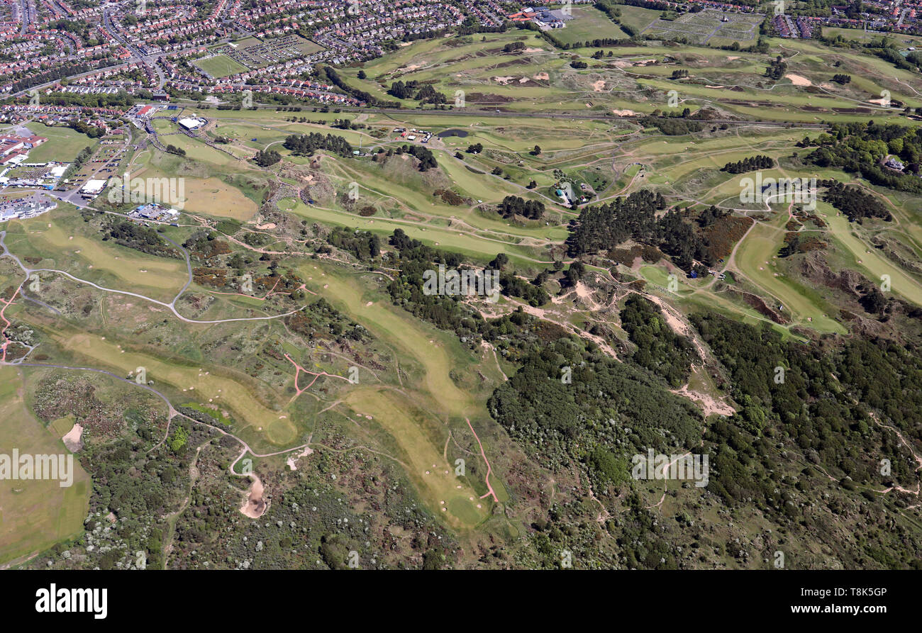 Vista aerea del Royal Birkdale Golf Club e Hillside Golf Club, Southport, Lancashire, Regno Unito Foto Stock