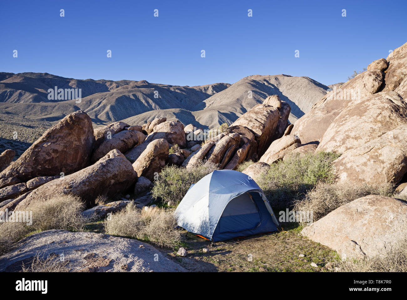 Blu grigio tenda istituito nel deserto tra le rocce nel Parco Nazionale della Valle della Morte Foto Stock