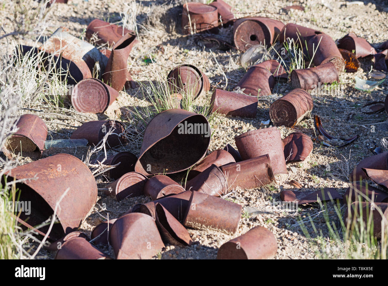 Vecchio lattine ruggine nel deserto dove sono state gettate anni fa Foto Stock