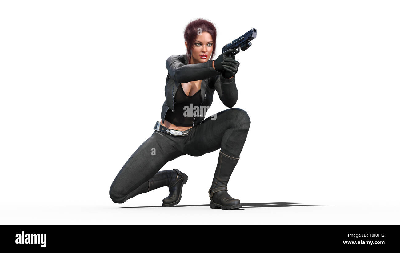 Azione scatto ragazza pistole, redhead donna in tuta in pelle con mano armi accovacciato su sfondo bianco, rendering 3D Foto Stock
