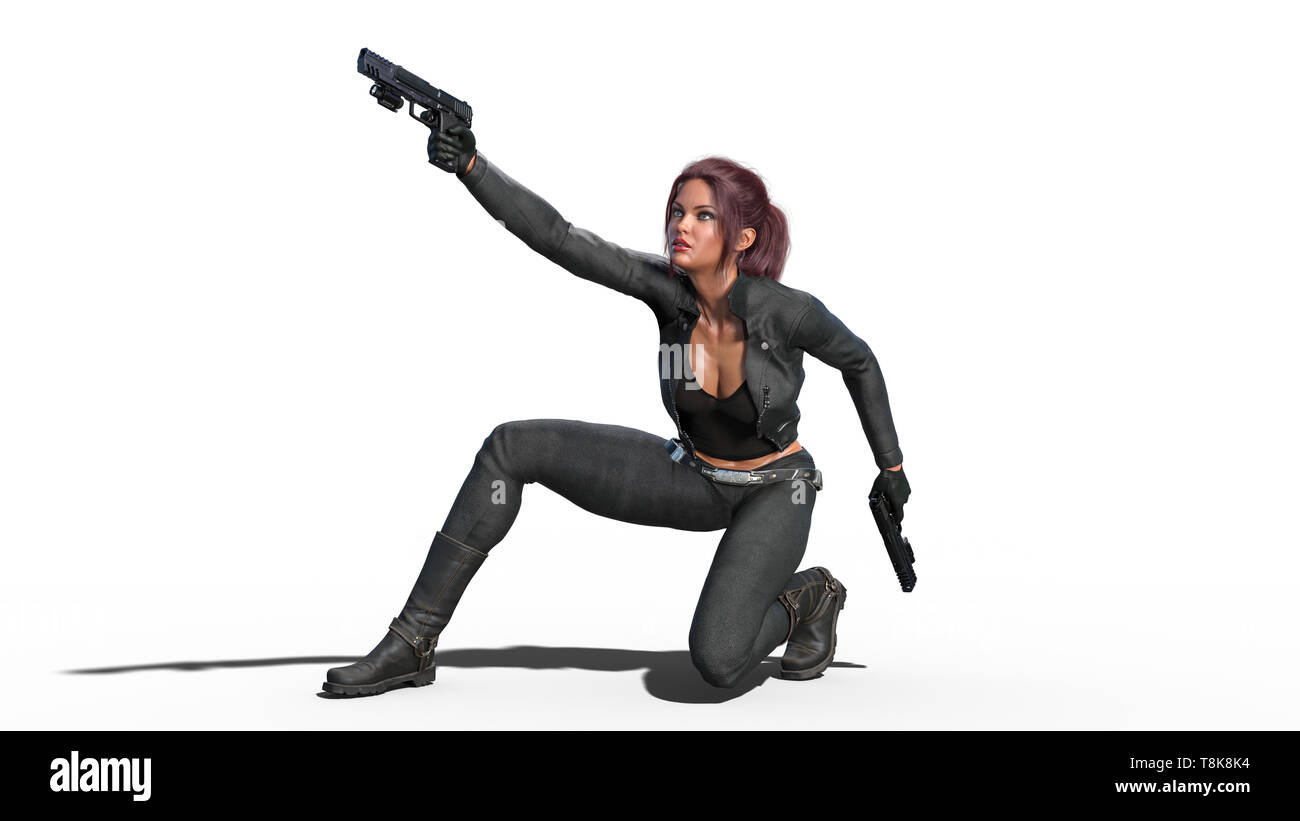 Azione scatto ragazza pistole, redhead donna in tuta in pelle con mano armi inginocchiati su sfondo bianco, rendering 3D Foto Stock