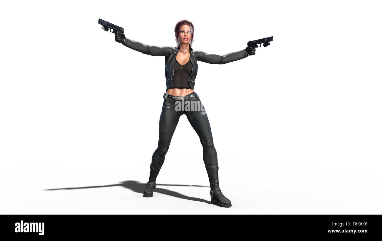Azione scatto ragazza pistole, redhead donna in tuta in pelle con armi a mano in piedi su sfondo bianco, rendering 3D Foto Stock