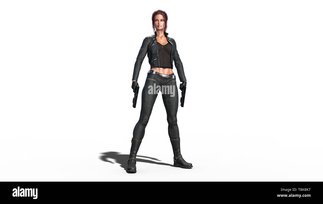 Azione ragazza in piedi con le pistole, redhead donna in tuta in pelle con mano armi isolati su sfondo bianco, rendering 3D Foto Stock