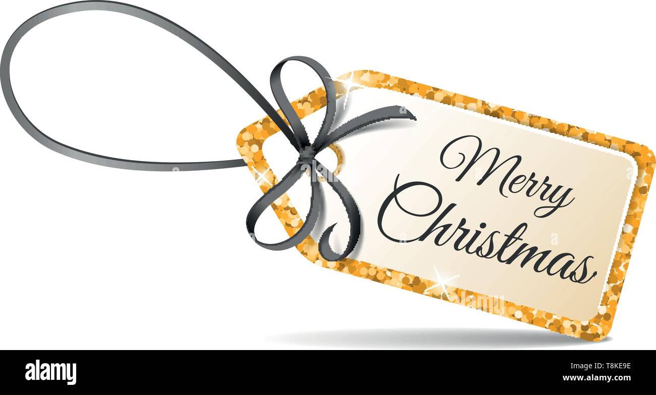 Buon Natale tag con golden glitter e nastro nero Illustrazione Vettoriale