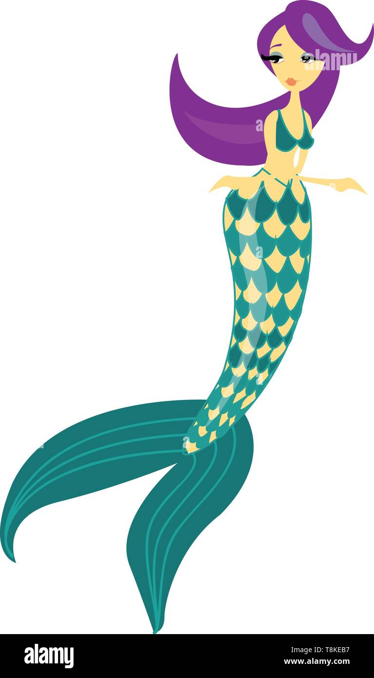 Blu-tailed bra-donna indossa mermaid rivolta alla sua sinistra sembra preoccupato nel suo fluire lungo i capelli viola mentre mani incrociate davanti a lei, vettore di co Illustrazione Vettoriale