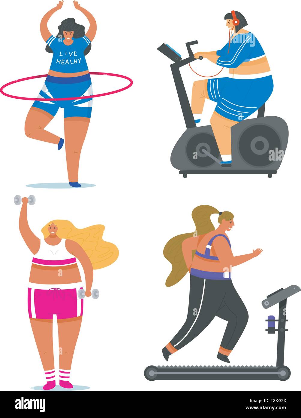 Le ragazze di Fitness più dimensioni. Salute sport nel club. Set di donna grassa facendo esercizi, perde peso, in esecuzione sul simulatore, in fase di riscaldamento. Formazione pongono in Illustrazione Vettoriale