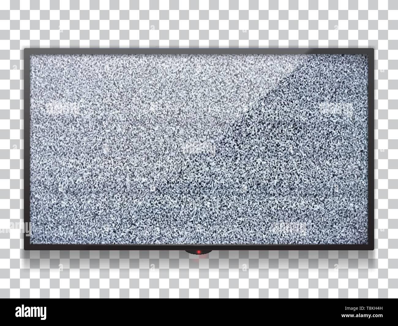Realistico tv a schermo piatto lcd modello statico con la tv in bianco e nero e rumore bianco con effetto di glitch. Illustrazione Vettoriale