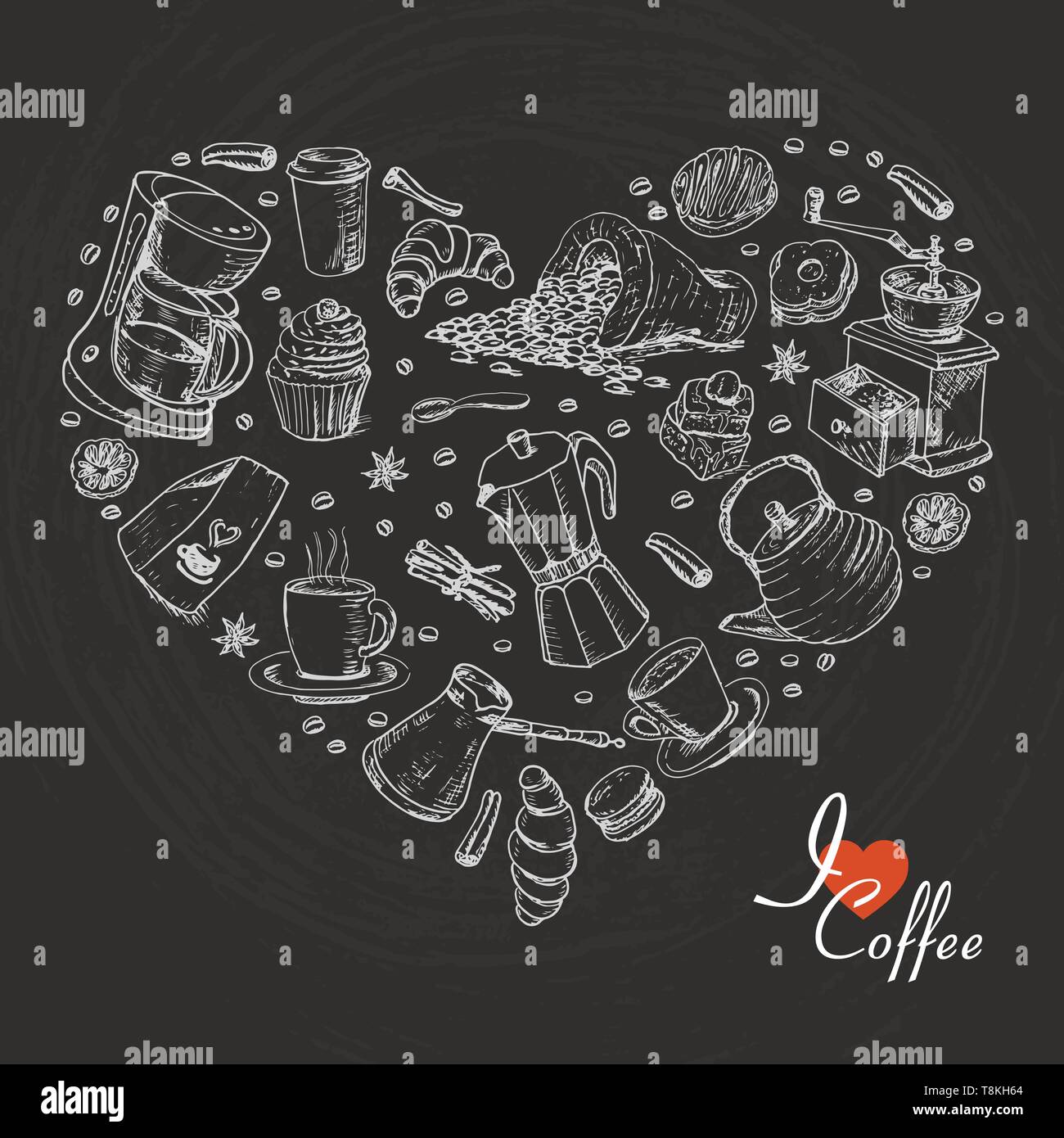 Il cuore isolato di caffè voci su sfondo nero. Illustrazione di vettore per il tuo design Illustrazione Vettoriale