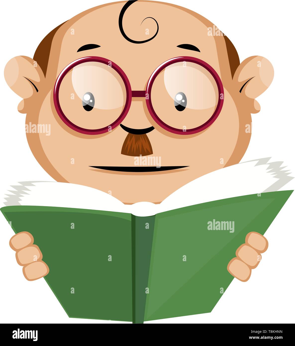 Divertenti emoji umana la lettura di un libro verde, illustrazione vettore su sfondo bianco. Illustrazione Vettoriale