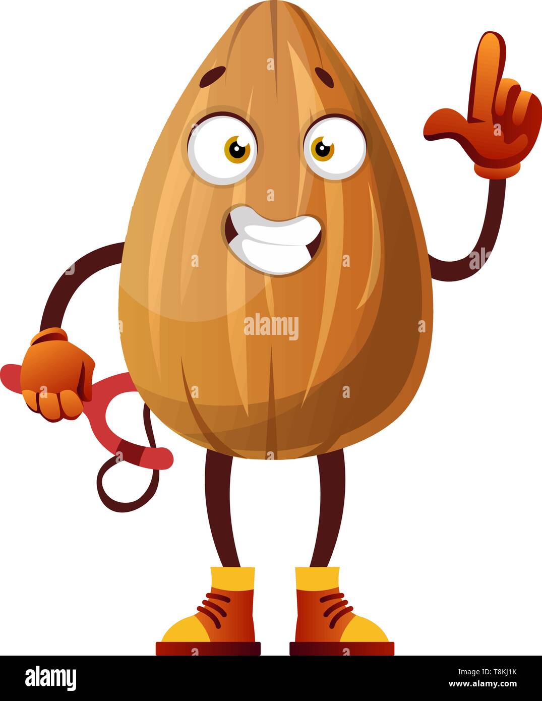 Mandorla viene naughty con una fionda nelle sue mani, illustrazione vettore su sfondo bianco. Illustrazione Vettoriale